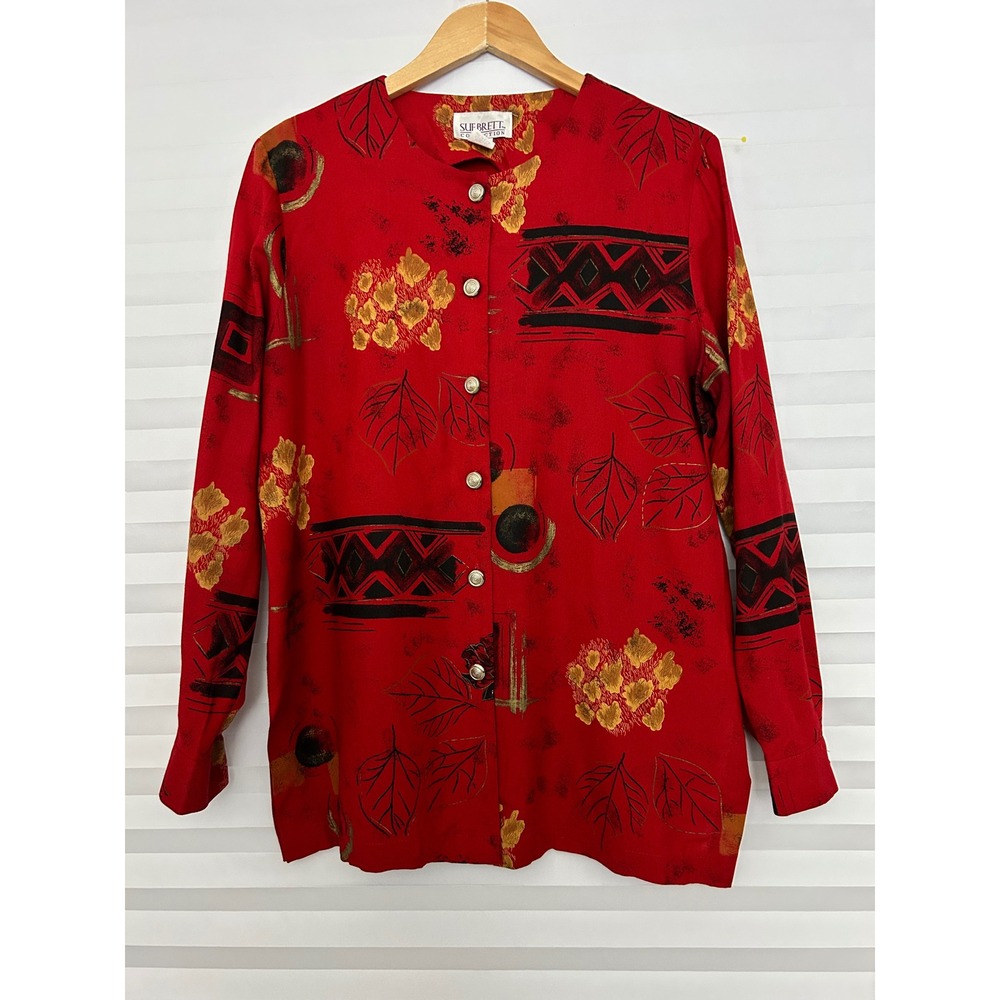 Sue Brett Collection Vintage Red Abstract Floral Rayon Button Down 90'sBlouse 12